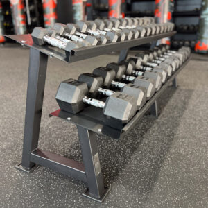 Rubber Coated Hex Dumbbells 5 to 70 with Rack